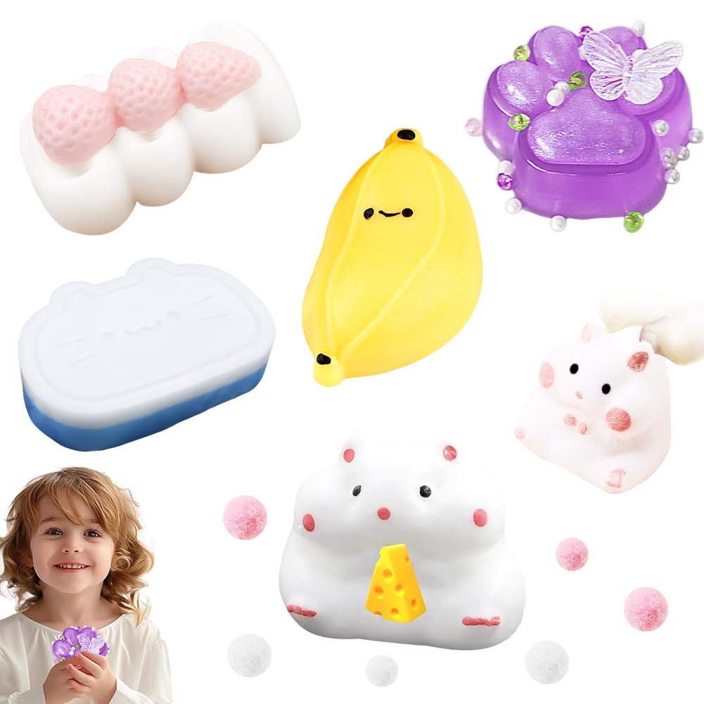 Taba Squishy Toys, 5PCS Stress Relief Toy Set, Kawaii Anxiety Relief Sensory Toy, Soft Sensory Fufu Squishy Kit Include Strawberry Fruits Cat Paw Hamster Birthday Gifts for Kids Adults