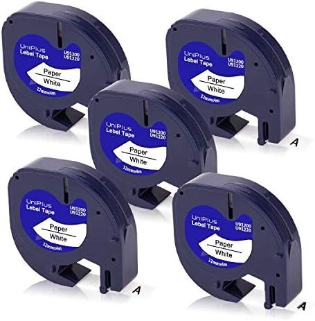 UniPlus Compatible Label Tape Replacement for Paper Label 91200 91220 Black on White 12mm x 4m Self-Adhesive for LT-100H LT-100T LT-110T Plus QX50 XR XM 2000 Plus,5-Pack