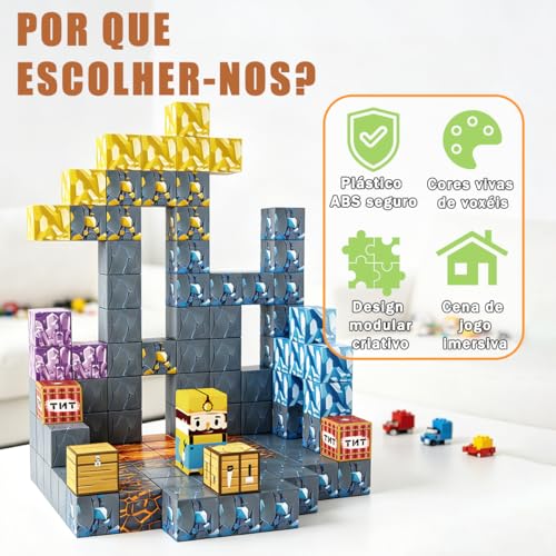 Blocos Magnéticos Infantil 72 Peças para Montar – Tema Mina de Ouro, Cubos Magnéticos Educativos de Construção, Brinquedo de Encaixe Estimulante para Crianças +3 Anos