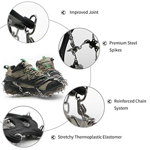 Samply Ice& Snow Traction Cleats, 19 Spike Mountaineering Climbing Crampons for Shoes, Boots, XL, Black