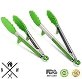MH Northwest Premium Silicone Kitchen & BBQ Tongs (2 Pack) With Keep-Clean Stand (Electric Green)