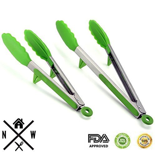 MH Northwest Premium Silicone Kitchen & BBQ Tongs (2 Pack) With Keep-Clean Stand (Electric Green)