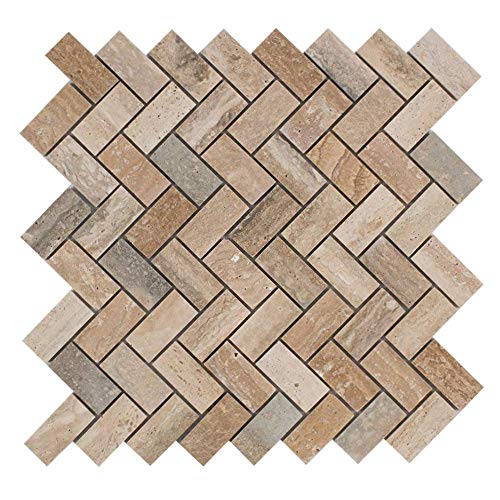 Maykke 12" x 12" Sadie Chevron Mosaic Wall and Floor Tiles (10-Pack) | Bathroom, Kitchen, Laundry Room Backsplash, Flooring, 10 Sq Ft Total | Natural Travertine Marble, YOA1050101
