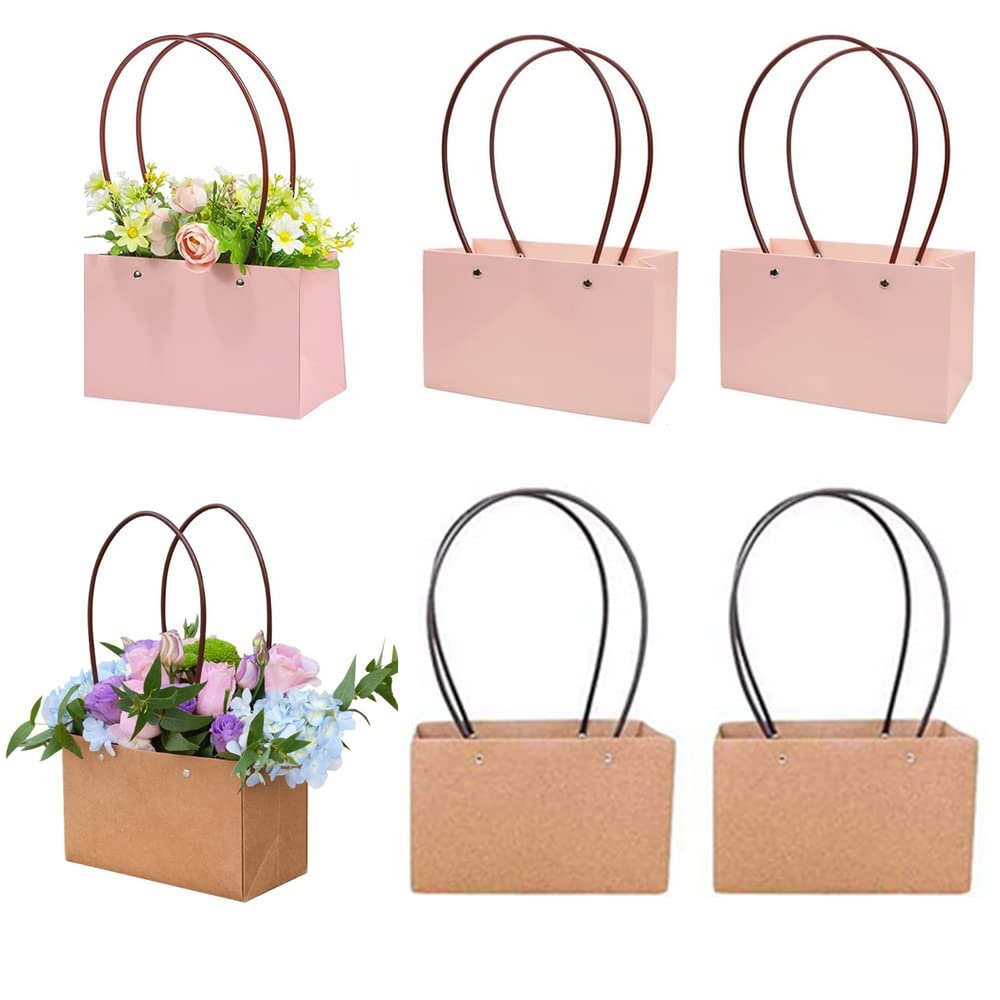 6 Pcs Kraft Paper Flower Gift Bags Bouquet Bags Box with Handle Waterproof Bouquet Gift Box,Rectangle Florist Packaging Wrap for Flowers Tote Bags(Khaki,Pink)