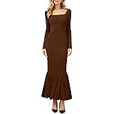 Misng Women's Basic Sexy Long Sleeve Bodycon Maxi Dress Square Neck Casual Ribbed Party Long Dresses