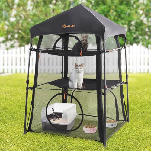 Rywell Extra Large Triple Catio Outdoor Cat Enclosure,57 * 43 * 43in Pop Up Catio Enclosure with Sunshade,Foldable Cat Tent for Puppy Rabbit Ferret(Within Carry Bag&Ground Stakes)