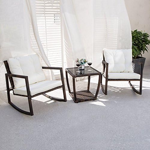 COMHO Outdoor 3-Piece Rocking Wicker Patio Bistro Set,Two Cushioned Chairs with Glass Coffee Table