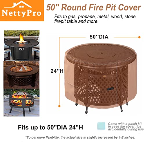 NettyPro Fire Pit Table Cover 50 inch Round Waterproof Heavy Duty Patio Firepit Cover Round for
