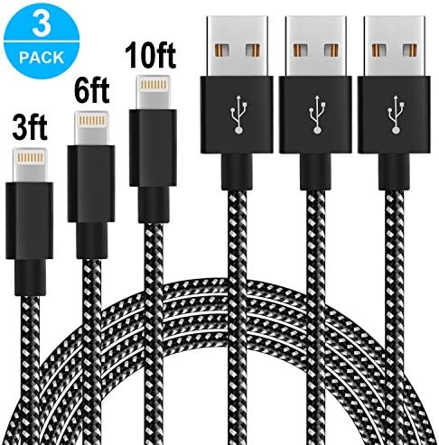 Lightning Cable, Ama Forest iPhone Charger, 3Pack 3FT 6FT 10FT Nylon Braided 8Pin iPhone Charging Data Sync USB Cable Cord for iPhone 7 7 Plus 6s 6 5s 5c 5 SE,iPad Pro, Air,iPad mini 4 3 2,iPod-Black