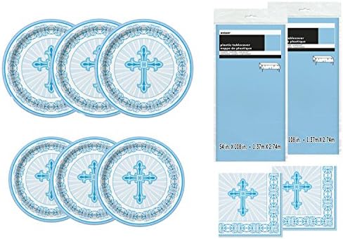 Unique Party Supplies Radiant Cross Blue Religious Deluxe Bundle for 24 Plate Napkins & Tablecovers