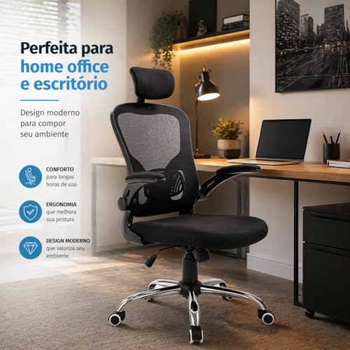 Cadeira Ergonômica para Escritório com Apoio de Cabeça, Cadeira Presidente Giratória Ajustável, Encosto em Tela Mesh Respirável, Conforto para Home Office
