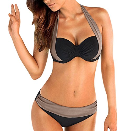 ManxiVoo Women Push up Padded Bra Bikini Set Low Waist Halter Tops Swimsuit Vintage Ruched Bathing Suits (M, Gray) - Thumbnail 4