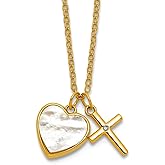 JewelryWeb 10.2mm Ss Gold-tone Mop CZ Love Heart and Religious Faith Cross With 3in Extension Necklace 14 Inch Pendant Necklace