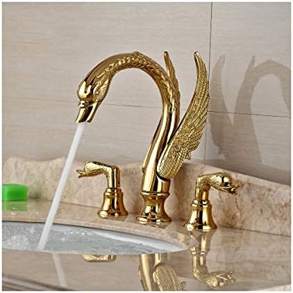 WARMHEAT Soild Copper Gold Finish Bathroom Faucet Luxury Golden Swan Shape Basin Tap Dual Handle Deck Mount