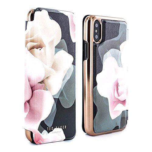 Ted Baker KNOWIT Mirror Folio Case for iPhone X/XS, Premium Folio Cover for Professional Women/Girls - Porcelain Rose (Black)