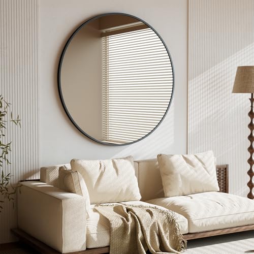 Beautypeak 106 Cm Runder Spiegel, Bruchsicherer Wandspiegel Mit Aluminiumrahmen, Badezimmer Spiegel Zum Aufhängen Und Anlehnen, Rund Wandspiegel Für Schlafzimmer, Bad, Wohnzimmer Schwarz