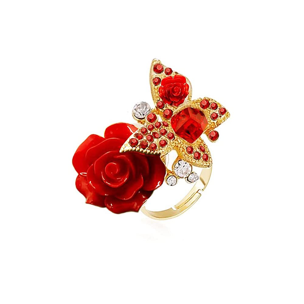 IMINI CZ Butterfly Flower Wedding Ring for Women Girls Statement Engagement Rectangle Rhinstone Aryclic Rose Adjustable Open Wrap Finger Rings Comfort Fit Cocktail Party Vintagage Jewelry Gift (Red)