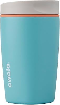 Owala SmoothSip Slider Insulated Stainless Steel Coffee Tumbler, Reusable Iced Coffee Cup, Hot Coffee Travel Mug, BPA Free 12 oz, Grey/Blue (Beachy Breeze)