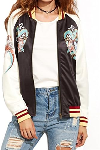Women Long Sleeve Printed Dragon Paneled Biker Zip Up Baseball Bomber Coat Jacket