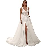 yinyyinhs Lace Appliques Wedding Dresses for Bride Long V Neck Tulle Chiffon A-Line Sleeveless Bridal Ball Gown with Slit