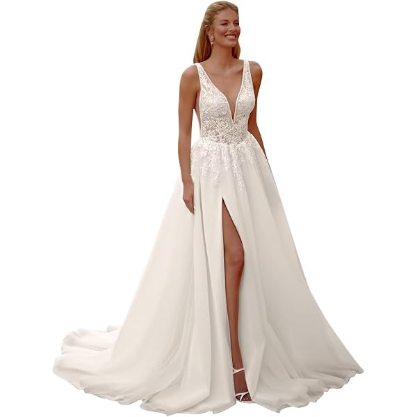 slim fit dress slacks A-Line/Princess Tulle Applique V-neck Sleeveless Sweep/Brush Train Dresses