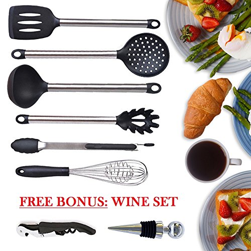 Kitchen utensil set - cooking utensils - kitchen tools - spatula - free bonus: corkscrew wine bottle opener stopper - spatula - tongs - whisk - soup ladle - pasta server - nonstick utensils set