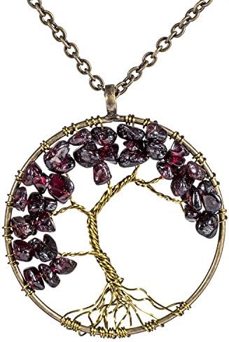 Tree of Life Pendant Necklace Chakra Gemstone Handmade Wire Wrap Charms with 30 Inch Chain for Women Girls Teens(Garnet)