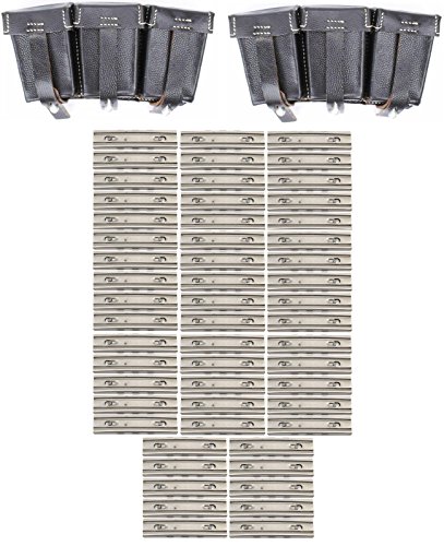 Ultimate Arms Gear New 50 Pack of 8mm 5 Round Nickel Plated Stripper Clips Magazine Loader Mauser Karabiner K98 K-98 98K K98K Yugo M48 M24 Rifle + 2 Pack of K98 K-98 98K K98K WWII Reproduction German Black Leather Strap Triple Ammo Ammunition Cartridge Rounds Stripper Clips Pouch with D-Ring Y-Straps Belt Attachment