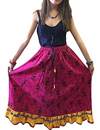 Womens Maxi Skirt Carnation Printed Pink Cotton Summer Bellydance Flare Sexy Peasant Skirts S/M/L