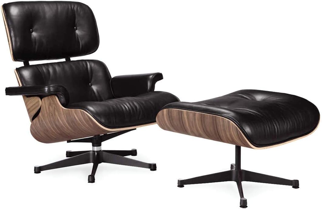 High End Replica Lounge Chair and Ottoman Set, Black, Mid-Century Modern Classics by DECORIFIC NYC (Aniline Leather, Walnut Wood, Steel Base)
