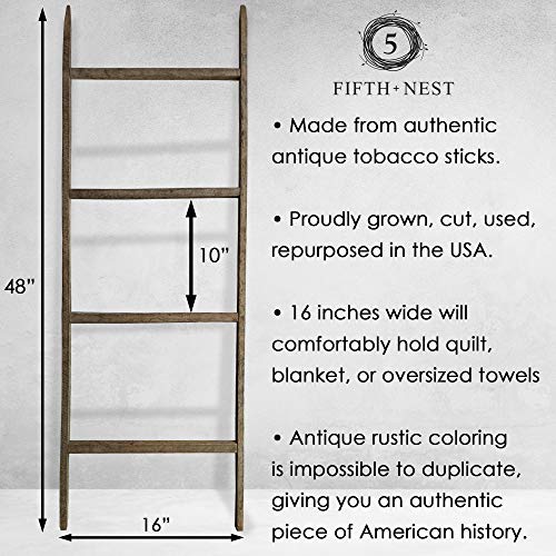 Fifth + Nest Tobacco Stick Blanket Ladder- Rustic Farmhouse Shelf Home Decor- Wooden 4 Foot, Made in The USA to Display Blankets, Quilts, Towels and Linens