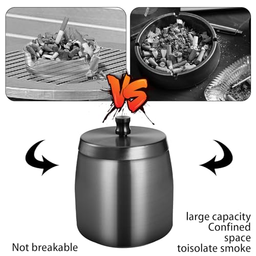 Outdoor Ashtray with Lid, Stainless Steel Ashtray for Outdoors (Black)
