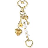 YKuzLx Gold Heart Keychain with Beads and Heart Key – Elegant Purse Charm, Glod Bag Charm, Bag Accessory, Key Ring for Women
