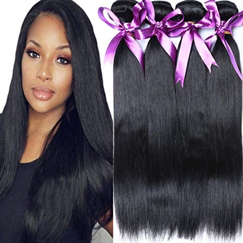 ANGIE QUEEN Brazilian Virgin Hair Straight Human Hair 4 Bundles Weaves 100% Unprocessed Hair Extensions Natural Color 16 18 20 22Inch (100+/-5g)/bundle Can be Dyed and Bleached