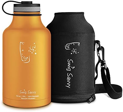 SWIG SAVVY Stainless Steel Water Bottle & Beer Growler - with Insulated Double Wall & Wide Mouth Design for Hot & Cold Drinks - Reusable Sports Container with Carrying Sleeve Pouch - 64oz