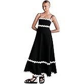 OBEEII Women Summer Dresses 2024 Vacation Boho Spaghetti Strap Backless Smocked Rickrack Trim Flowy A-line Maxi Sundress