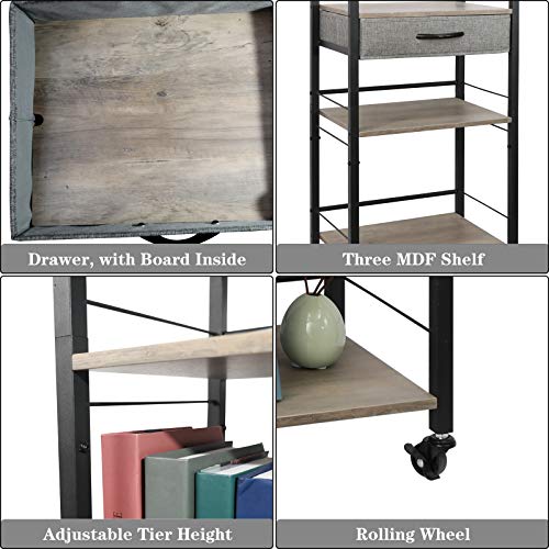 3 Tier Rolling Utility Carts with Drawer, End Table Nightstand Wood