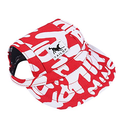 CALIFORNIA CADE ELECTRONIC Cade Pet Baseball Cap/Dogs Sport Hat/Visor Cap with Ear Holes for Small Dogs (Red White Letters-L)