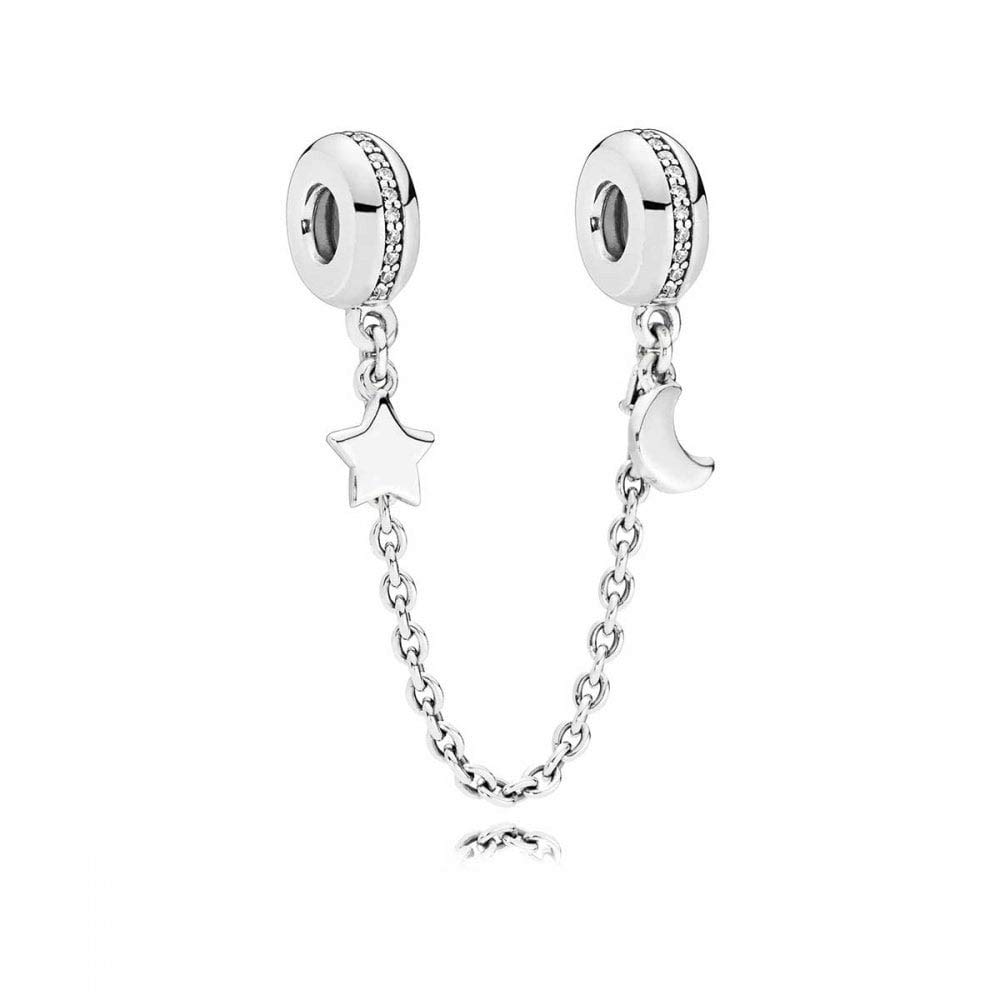FGT Moon Star Safety Chain Charm fits Pandora Moments Bracelets Sterling Silver Gift Crystal Daughter Fiancee Family Mum Birthday Mothers Day Valentine
