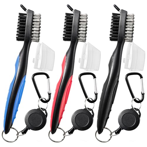 3 Pack Golf Club Brush and Club Groove Cleaner with Retractable Zip-line and Aluminum Carabiner Cleaning Tools , Golf Accessories, Golf Gifts for Men , Golf Ball Cleaner, Easily Attaches to Golf Bag