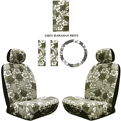Click Here to See More Images Grey Hawaiian Hawaii Aloha Print with White Hibiscus Flowers Wild Series 2PC Car Truck SUV Auto Head Rest Covers with Front Seat Low Back Bucket Seat Covers and Steering Wheel Cover and Seat Belt Shoulder Pads - 7PC Low Back Set