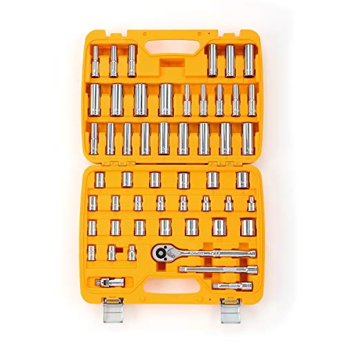 STEELHEAD 52-Piece Mechanics Tool & Socket Set (ANSI Grade), SAE & Metric, 3/8" 72-Tooth Quick-Release Ratchet, Standard & Deep 6 & 12 Pt. Sockets, Universal Joint & Extensions, Heavy-Duty Case