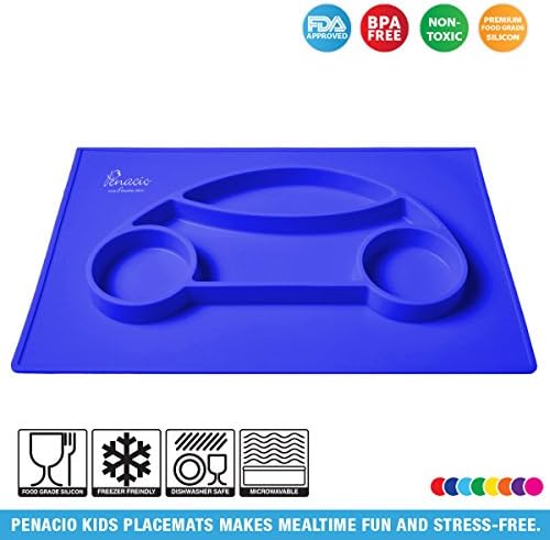 Premium Silicone Car Shaped Placement Mats By Penacio - Mealtime Placemats Suitable For Babies & Toddlers - Antibacterial & Easy To Clean Food Grade Silicone - BPA Free & FDA Approved (Blue)