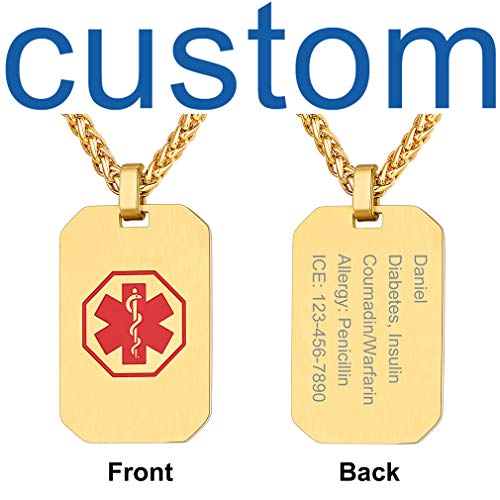 Supcare Personalized Medical Alert ID Tag Necklace Jewelry for Women/Men/Kids, Medical Emergency Identification Dog Tag Necklace Stainless Steel 18K Gold Plated