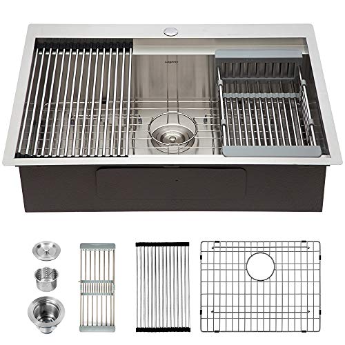 Logmey 30 Inch Drop -in Topmount Sink Ledge Workstation Single Bowl 18 Gauge Stainless Steel Kitchen Sink - Thumbnail 7