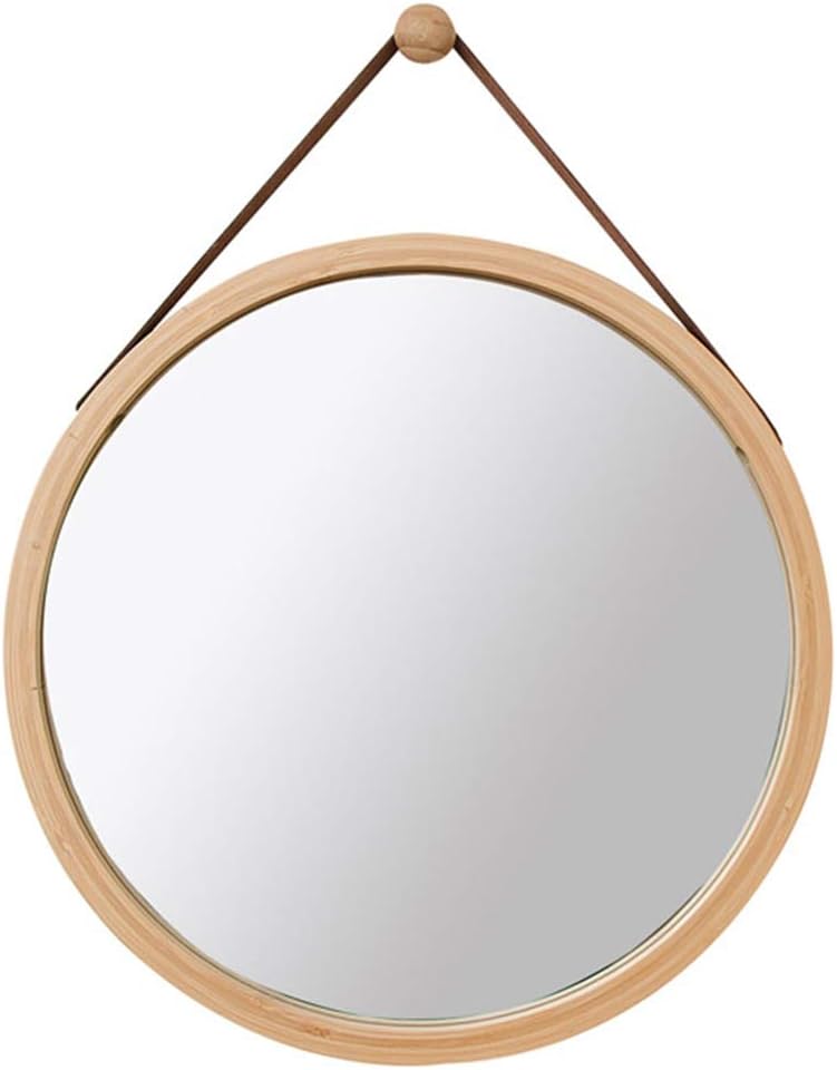 Decorative Hanging Round Wall Mirror Bamboo Frame & Adjustable Leather Strap