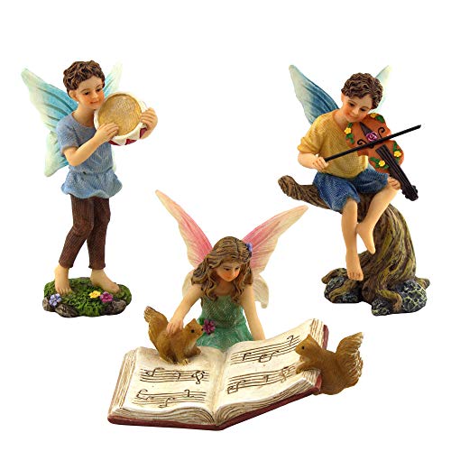 PRETMANNS Fairy Garden Fairies - Miniature Accessories - 2 Boy Fairies Playing Musical Instruments & Fairy Reading a Music Book - Fairy Garden Supplies 3 Pieces