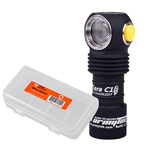 Armytek Tiara C1 1050 Lumen Magnetic USB Rechargeable Multi-Use Headlamp with Magnetic Charging Cable, 1x 18350 900mAh Battery and Lumen Tactical Battery Organizer