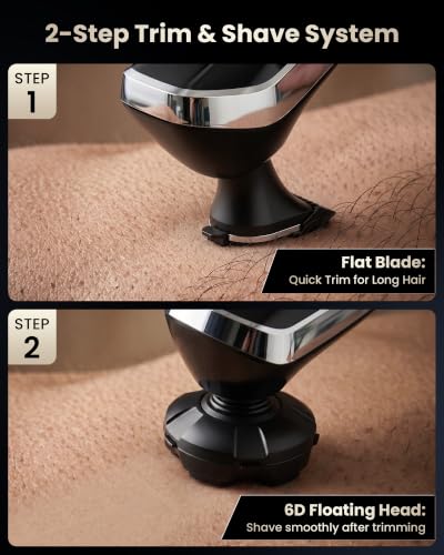 VIKICON Men's Back Razor: 2-in-1 Electric Body Razor with 6D Shaving Head, Folding Handle for Back Shaving, Waterproof Bodygroom for Body, Face, Head - Care Set for Men, Silver