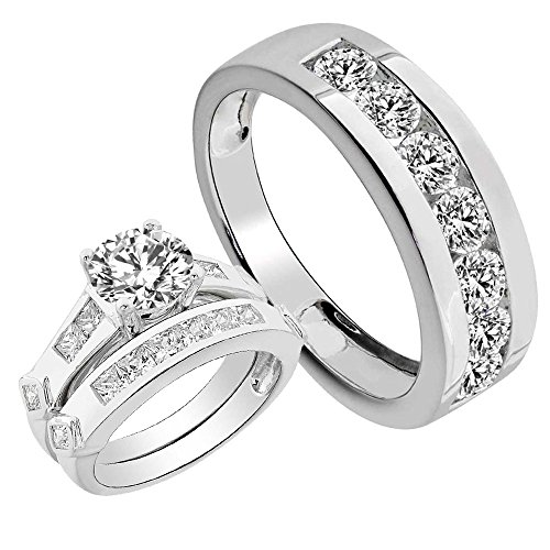 3.0CT Sterling Silver .925 Round CZ 3 Pieces Wedding Couple His and Hers RingSet Sz 9, 9